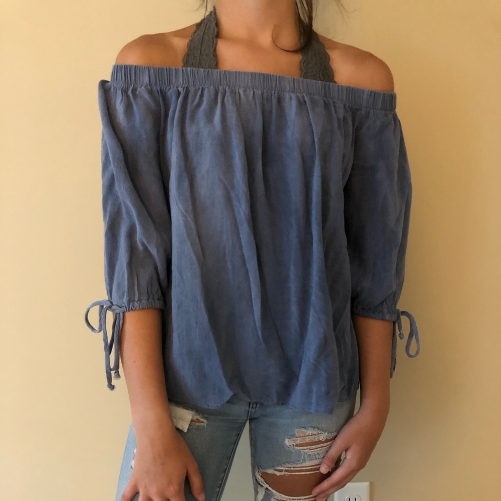 Off the shoulder blue top with ties on sleeves